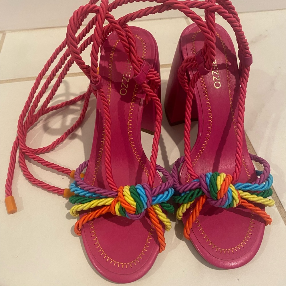 Fun and vibrant Ankle strap chunky heels-never worn- Fits as a size 6.5/7W